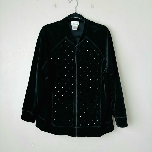 The quicker factory black Velour rhinestone zip up jacket woman’s 1X - Picture 1 of 8